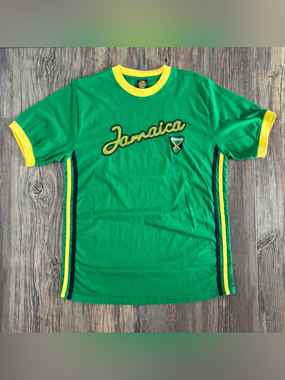 Casual Gear Jamaica S/S Ringer Tee Shirt Large Green Yellow Black Stripe ‘5’